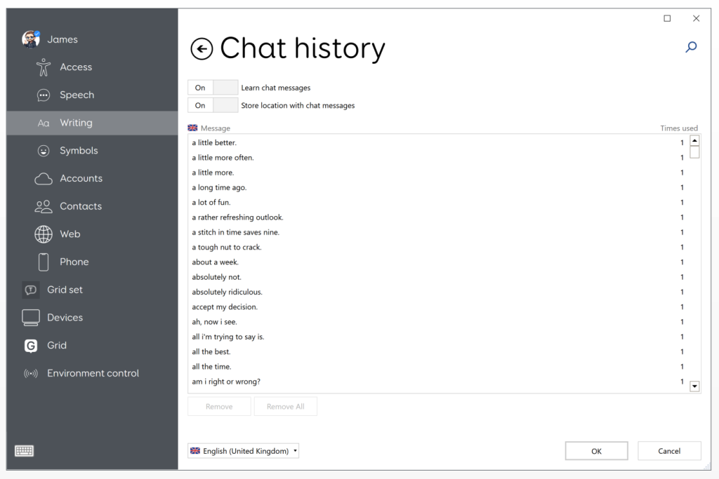 The chat history settings window