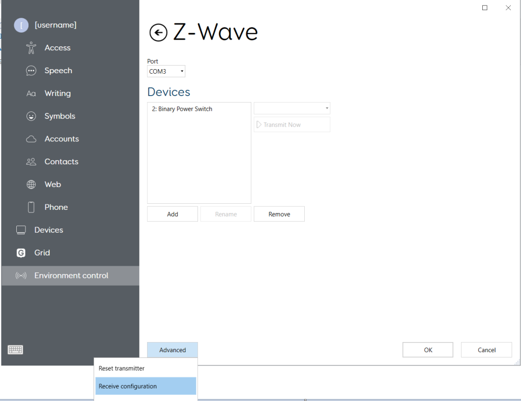 Grid's Z-wave settings showing the Advanced options