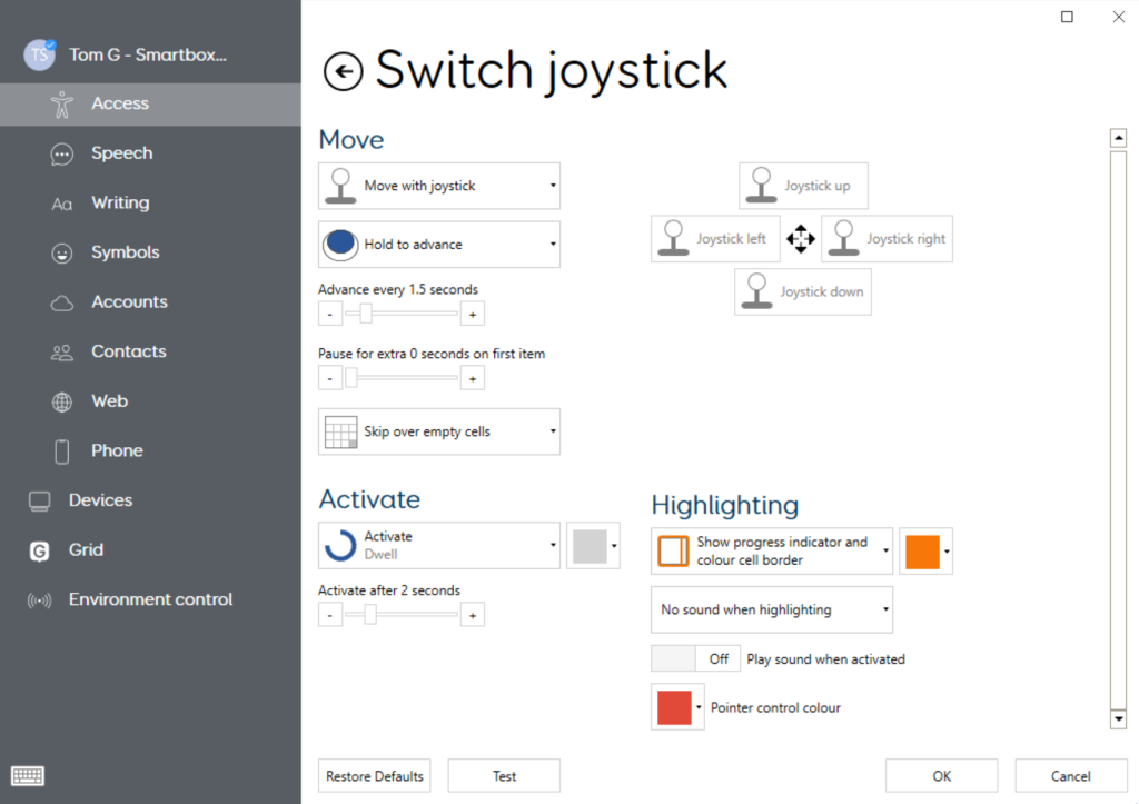 Switch joystick settings with dwell to activate set.