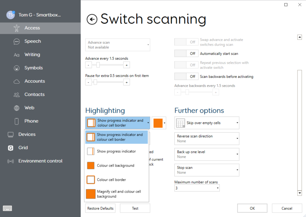 The switch scanning settings with the highlighting dropdown menu open.