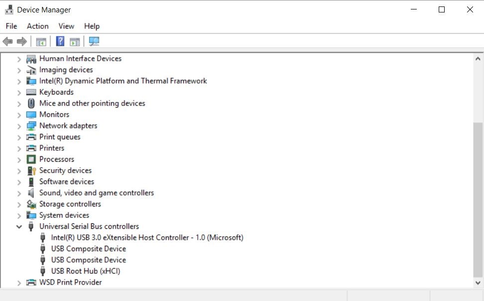 Looking at the Universal Serial Bus controllers category in Device Manager.